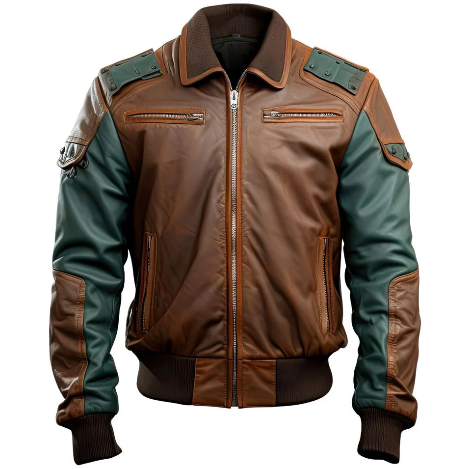 Brown Patched Bomber Premium Cowhide Moto Racer Leather Jacket for Men