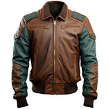 Brown Patched Bomber Premium Cowhide Moto Racer Leather Jacket for Men