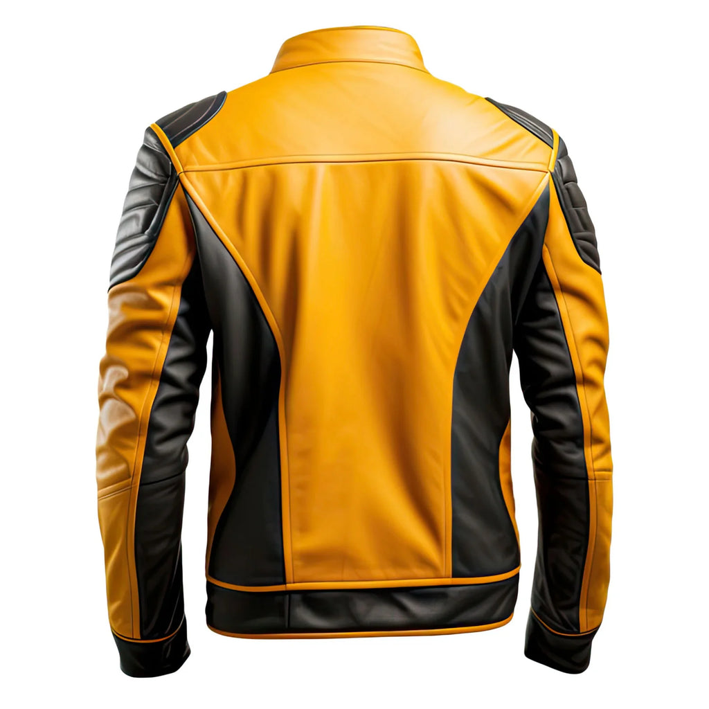 Moto Biker Mustard-Black Genuine Sheepskin Leather Jacket for Men