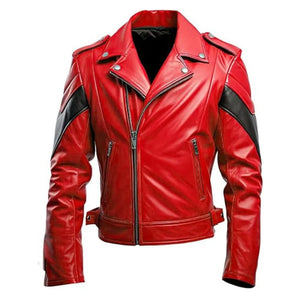 Red Quilted Asymmetric Crossover Brando Sheepskin Leather Jacket for Men