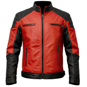 Red Cafe Racer Motorcycle Genuine Sheepskin Leather Jacket for Men's