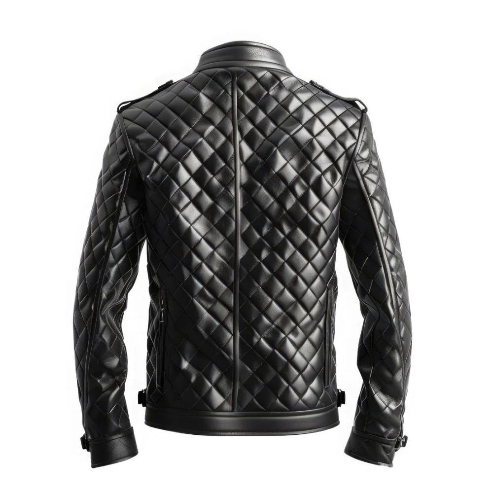 Classic Black Diamond Quilted Genuine Sheepskin Leather Jacket  for Men