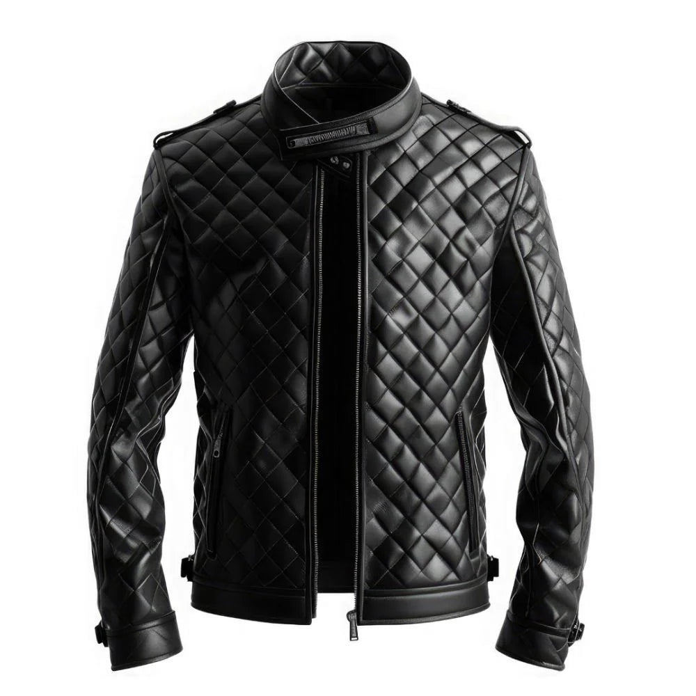 Classic Black Diamond Quilted Genuine Sheepskin Leather Jacket  for Men