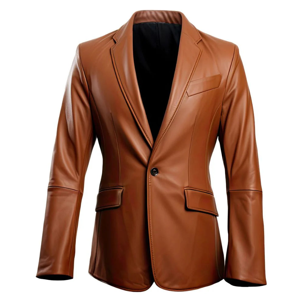 Brown Slim-fit Semi-Formal One-Button Sheepskin  Leather Coat for Men