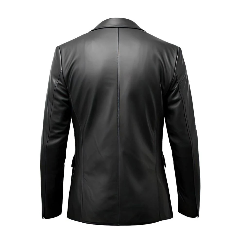 Solid Black Notched Collar Genuine Sheepskin Leather Blazer for Men