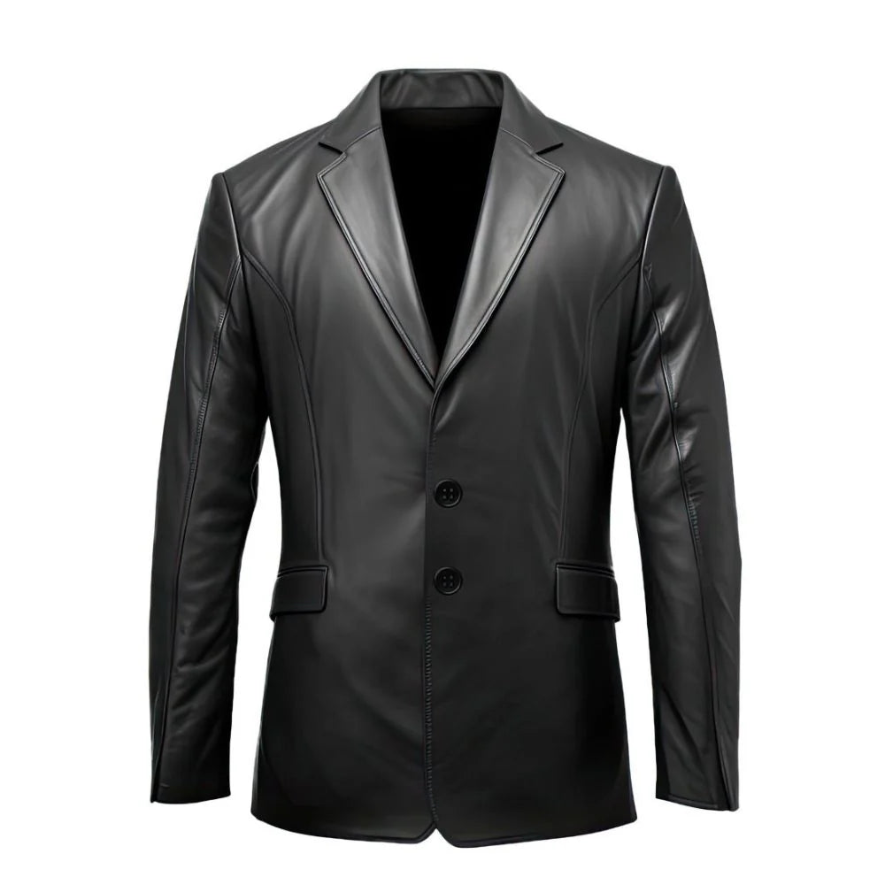 Solid Black Notched Collar Genuine Sheepskin Leather Blazer for Men