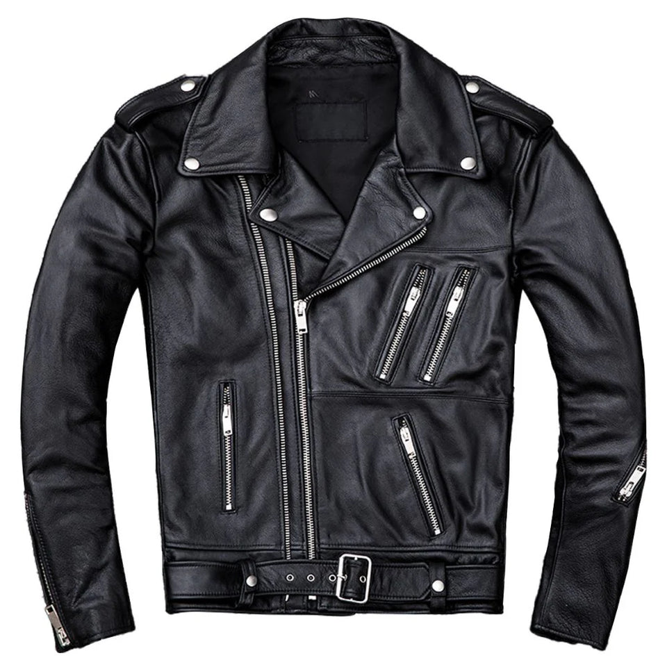 Classic Black Brando Motorcycle Premium Cowhide Leather Jacket for Men