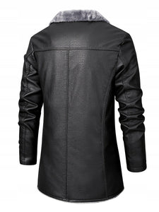 Black Faux Shearling Genuine Sheepskin Trench Leather Coat for Men