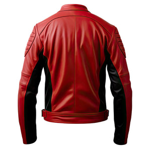 Red Black Genuine Sheepskin Racer Motorcycle Leather Jacket for Men