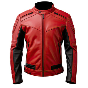 Red Black Genuine Sheepskin Racer Motorcycle Leather Jacket for Men