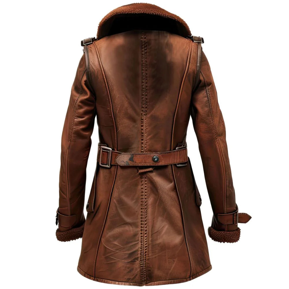 Vintage Brown Genuine Sheepskin Faux Shearling Fur Leather Coat For Women