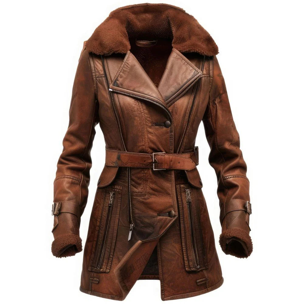 Vintage Brown Genuine Sheepskin Faux Shearling Fur Leather Coat For Women
