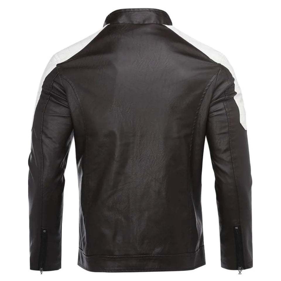 Black Moto-Racer Stand-up Collar Premium Leather Jacket for Men