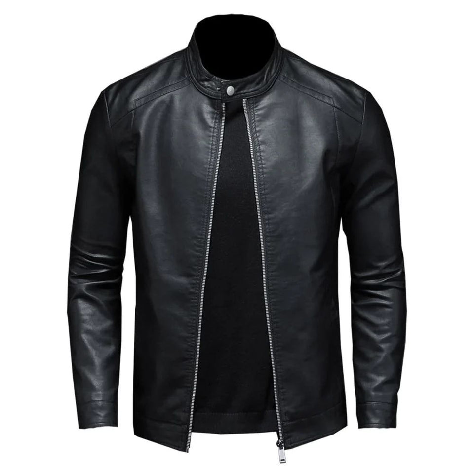 Stone Black Stand-Up Collar Genuine Cowhide Biker Leather Jacket For Men