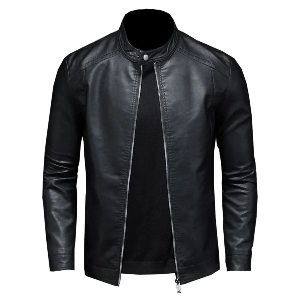 Stone Black Stand-Up Collar Genuine Cowhide Biker Leather Jacket For Men
