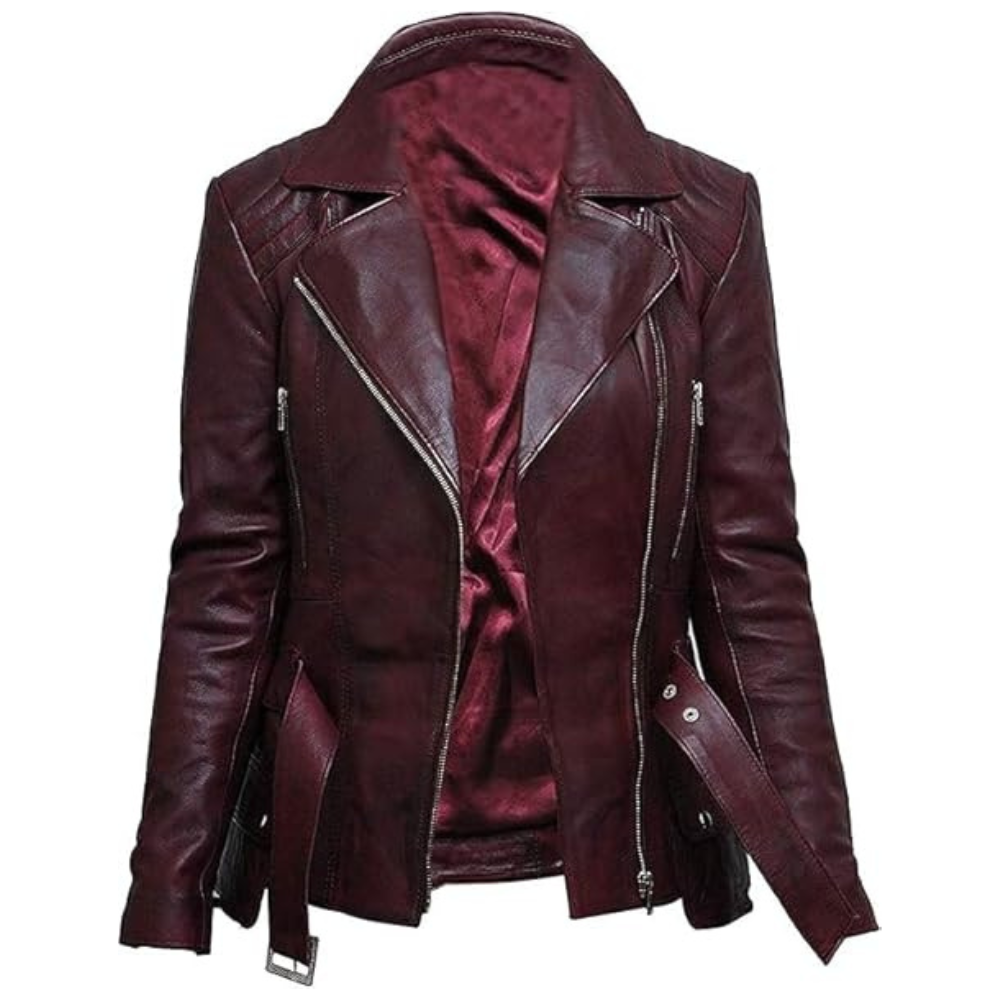 Retro Cafe Racer Brando Distressed Burgundy Biker Lambskin Leather Jacket For Women