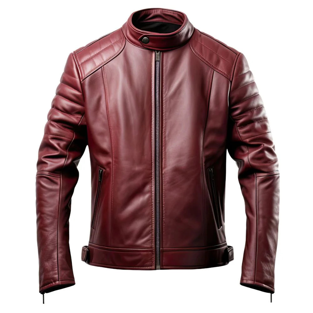 Biker Maroon Café-Racer Genuine Sheepskin Leather Jacket for Men