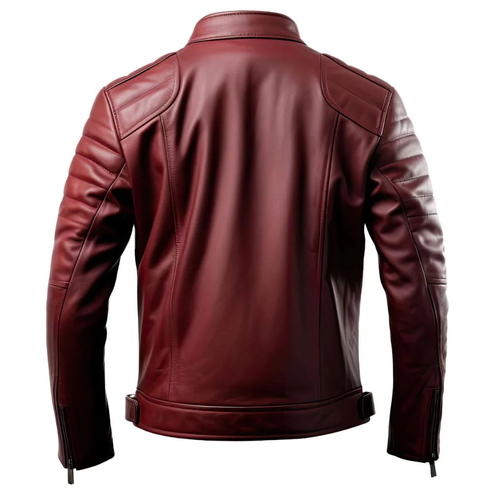 Biker Maroon Café-Racer Genuine Sheepskin Leather Jacket for Men