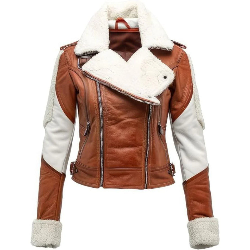 Brown Genuine Sheepskin Shearling Faux Fur Leather Jacket for Women