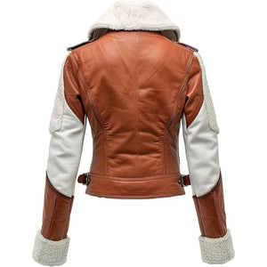 Brown Genuine Sheepskin Shearling Faux Fur Leather Jacket for Women