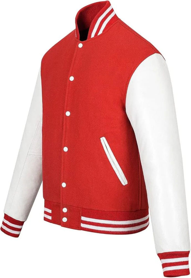 Pink Genuine Lambskin Varsity Rib-Knitted Leather Jacket for Men