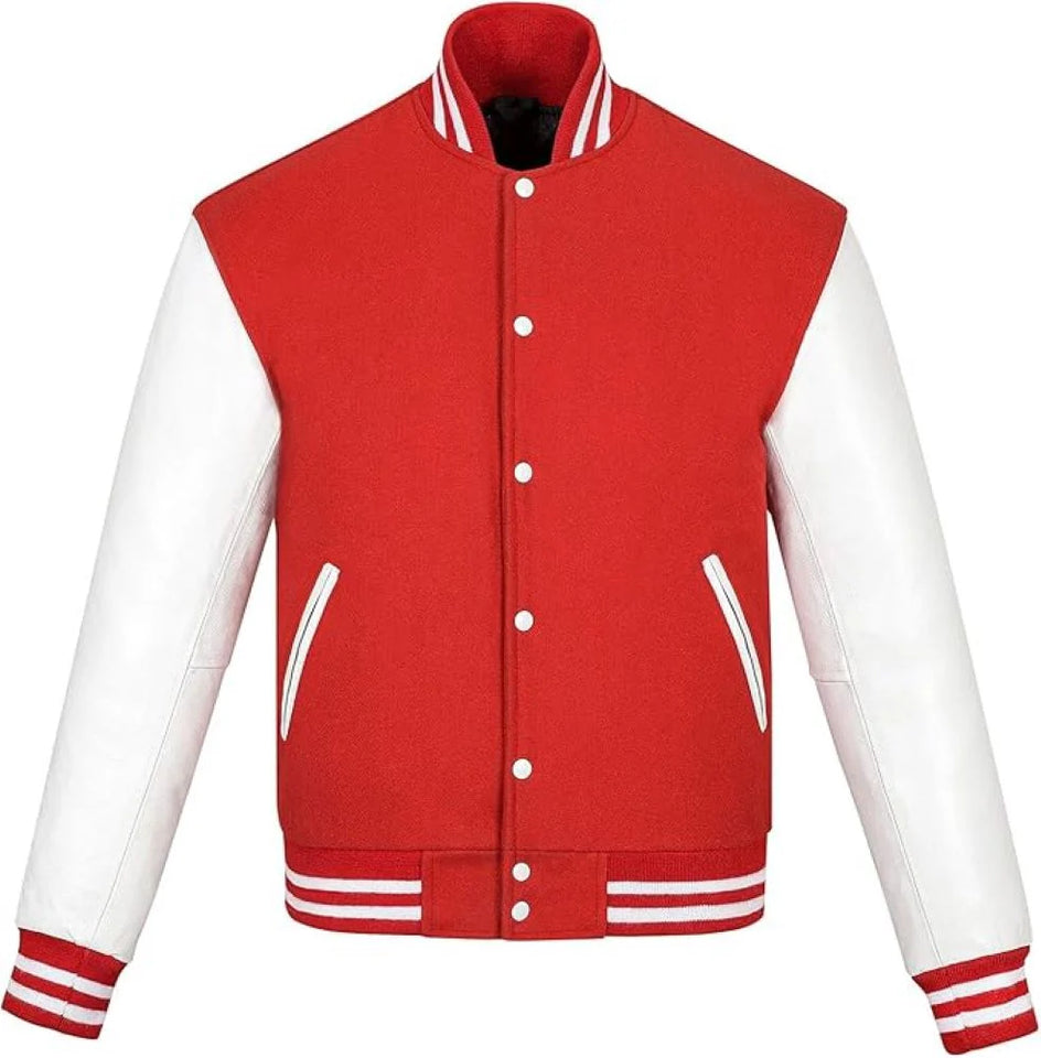 Pink Genuine Lambskin Varsity Rib-Knitted Leather Jacket for Men