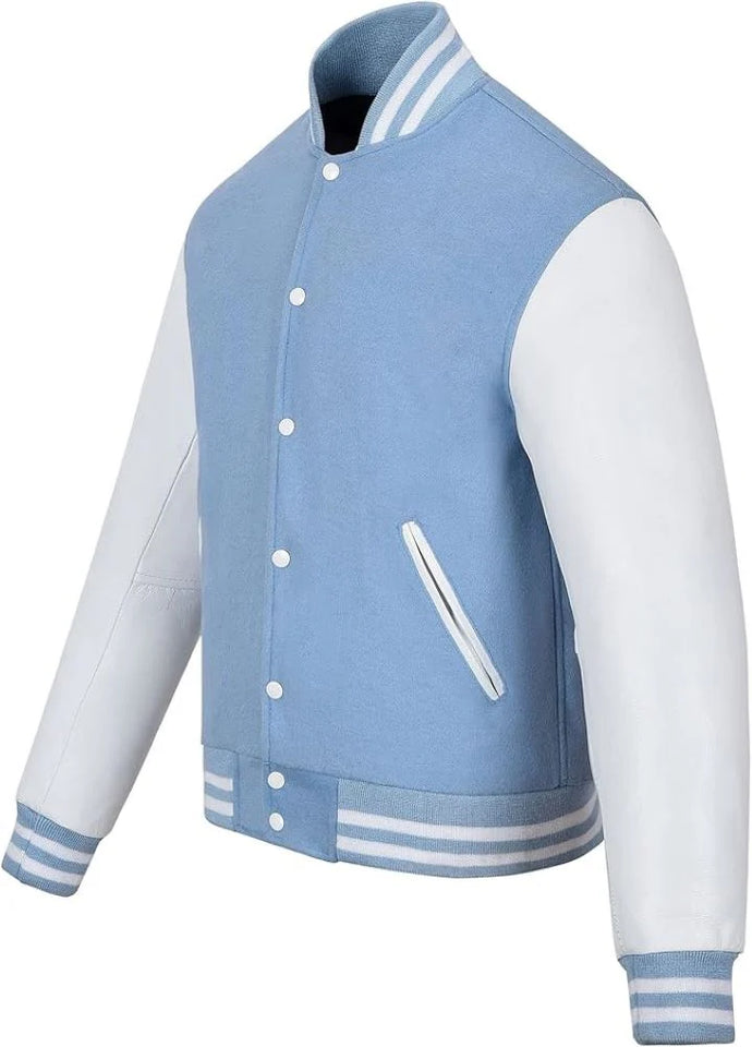 Pink Genuine Lambskin Varsity Rib-Knitted Leather Jacket for Men