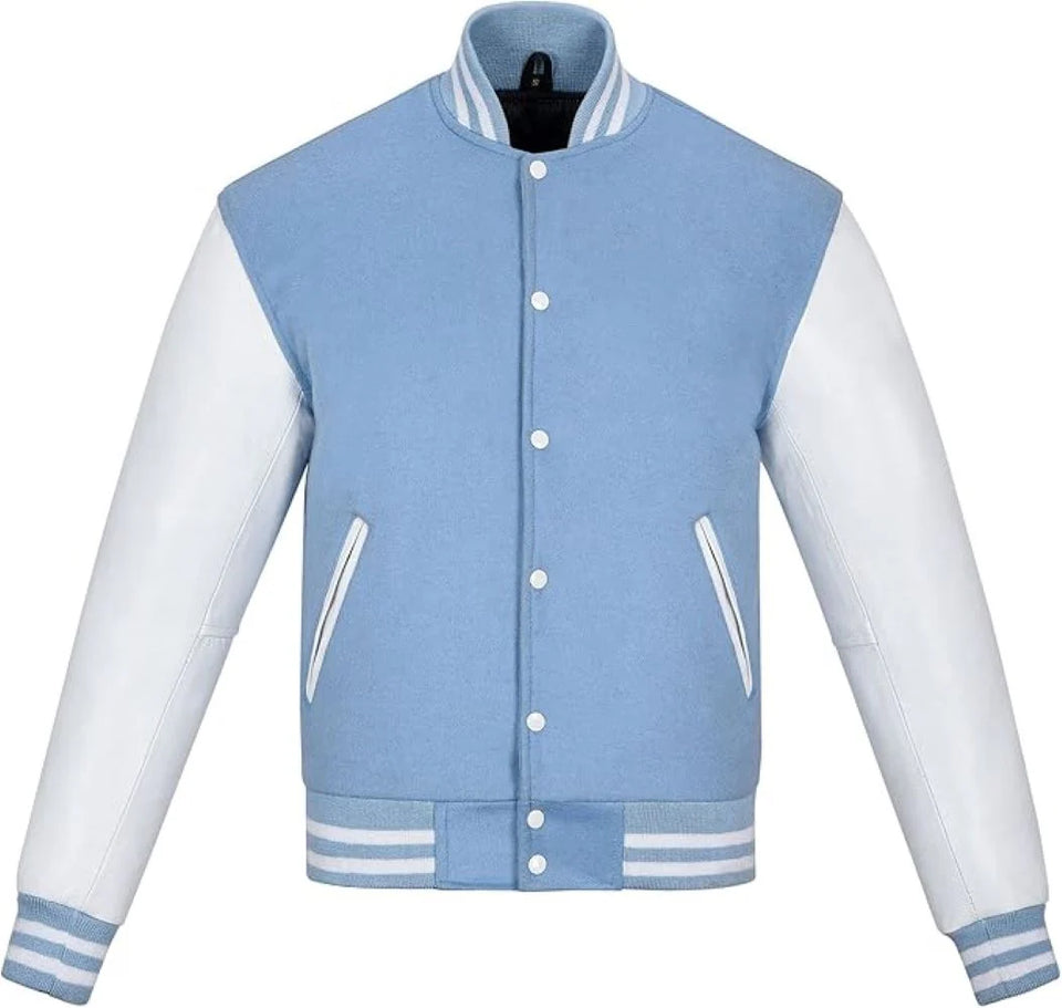Pink Genuine Lambskin Varsity Rib-Knitted Leather Jacket for Men