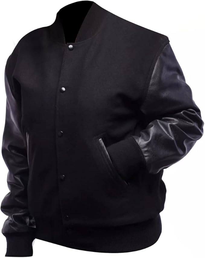 Black Rib-Knitted Cuffs-Hems Wool Varsity Jacket for Men