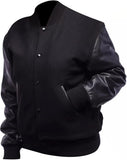 Black Rib-Knitted Cuffs-Hems Wool Varsity Jacket for Men