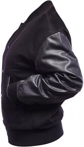 Black Rib-Knitted Cuffs-Hems Wool Varsity Jacket for Men