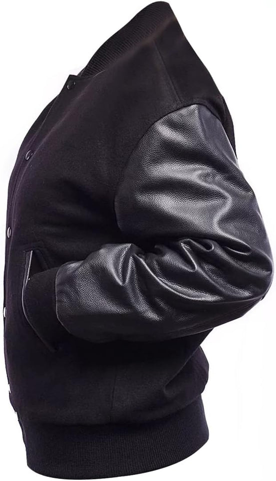 Black Rib-Knitted Cuffs-Hems Wool Varsity Jacket for Men