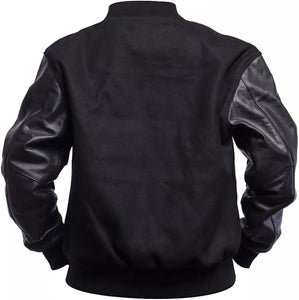 Black Rib-Knitted Cuffs-Hems Wool Varsity Jacket for Men