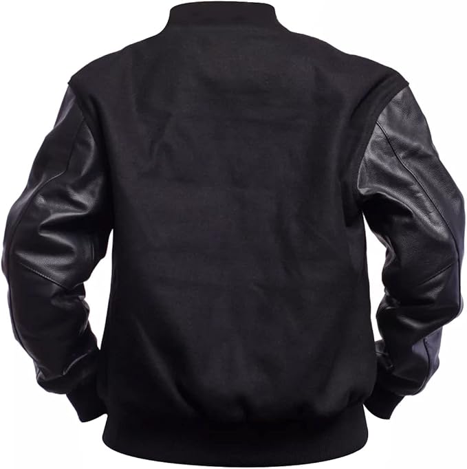 Black Rib-Knitted Cuffs-Hems Wool Varsity Jacket for Men