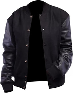 Black Rib-Knitted Cuffs-Hems Wool Varsity Jacket for Men