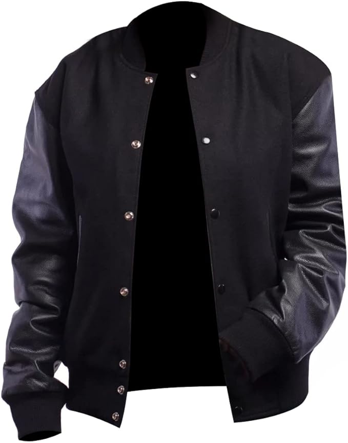 Black Rib-Knitted Cuffs-Hems Wool Varsity Jacket for Men