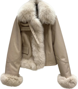 Apricot Faux Shearling Fur Genuine Sheepskin Leather Jacket For Women