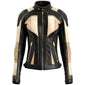 Classic Beige Black Genuine Sheepskin Motorcycle Leather Jacket for Women