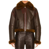 Brown Bomber Faux Shearling Fur Genuine Cowhide Leather Jacket for Women