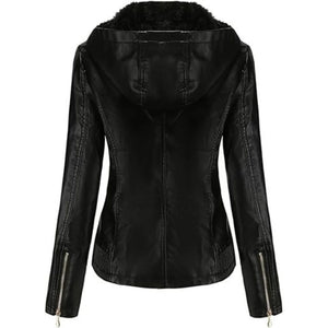 Black Hooded Motorcycle Winter Sheepskin Leather Jacket for Women