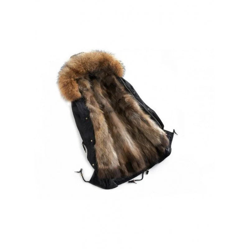 Black Real Raccoon Fur Lining Parka Detachable Hooded Coat for Women