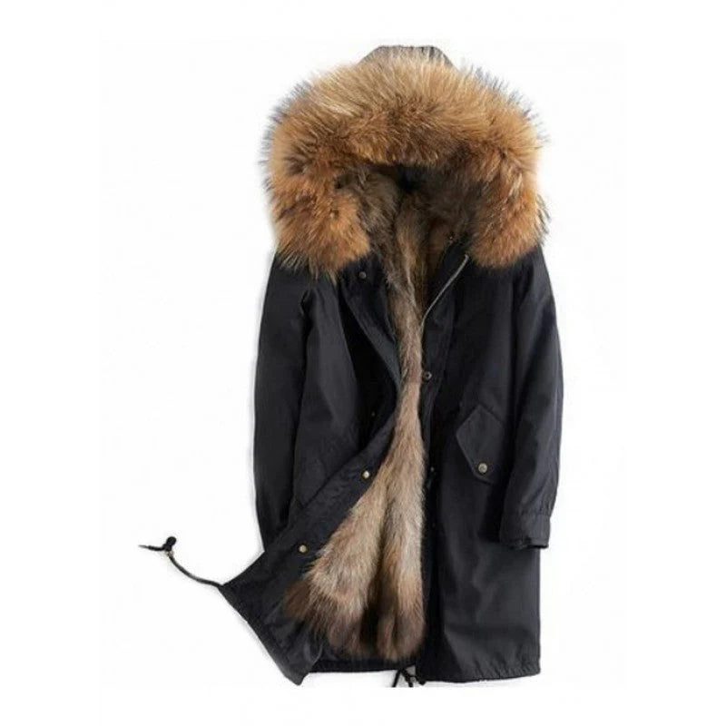 Black Real Raccoon Fur Lining Parka Detachable Hooded Coat for Women