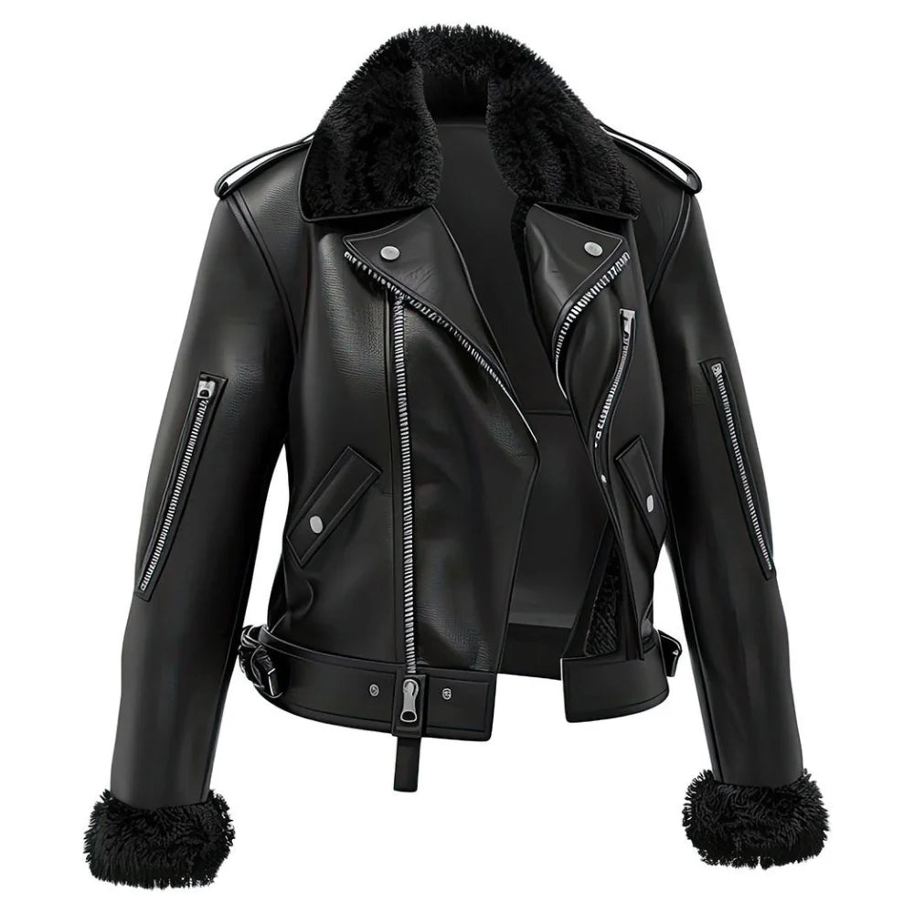 Black Genuine Sheepskin B3 Aviator Biker Leather Jacket for Women