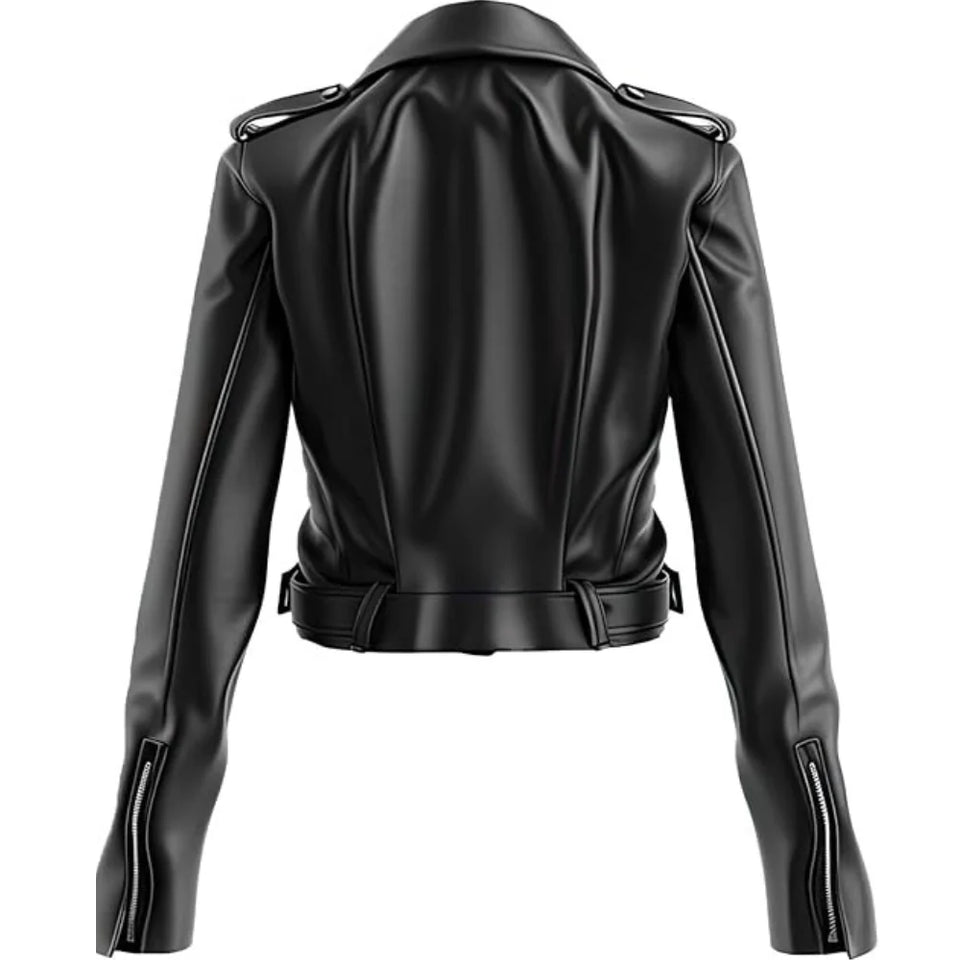 Black Slim-Fit Motorcycle Genuine Sheepskin  Leather Jacket for Women