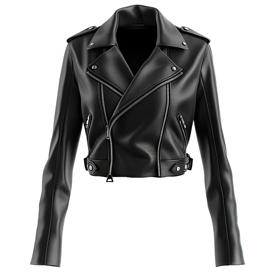 Black Slim-Fit Motorcycle Genuine Sheepskin  Leather Jacket for Women