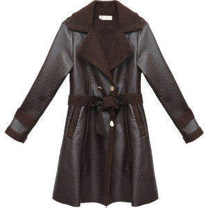 Black Double Sided Faux-Fur Warmth Thickened Leather Trench Coat For Women