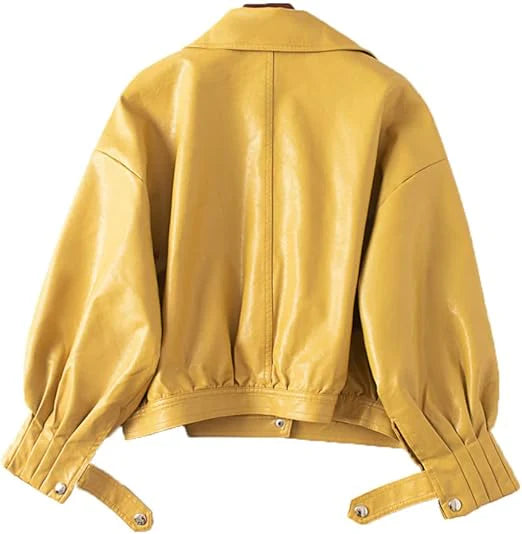 Yellow Stylish Bomber Moto Genuine Lambskin Leather Jacket for Women