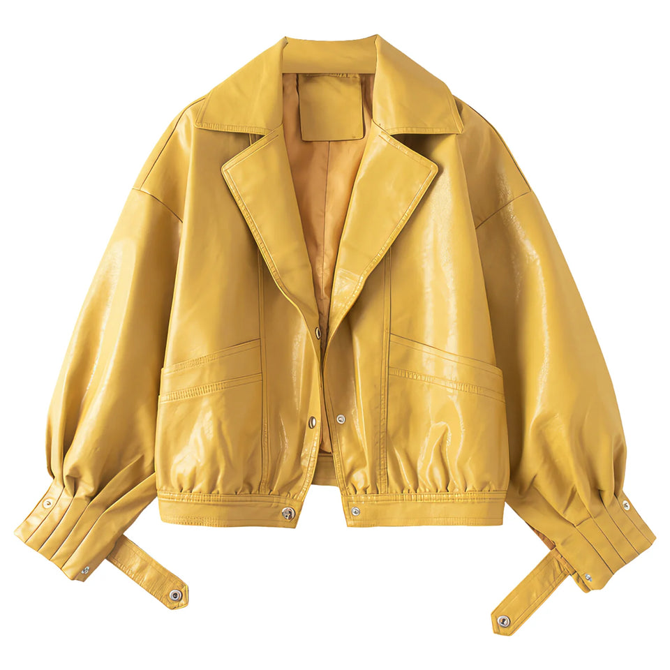 Yellow Stylish Bomber Moto Genuine Lambskin Leather Jacket for Women