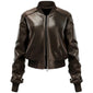 Brown Genuine Sheepskin Knitted-Ribbed Collar Leather Jacket for Women