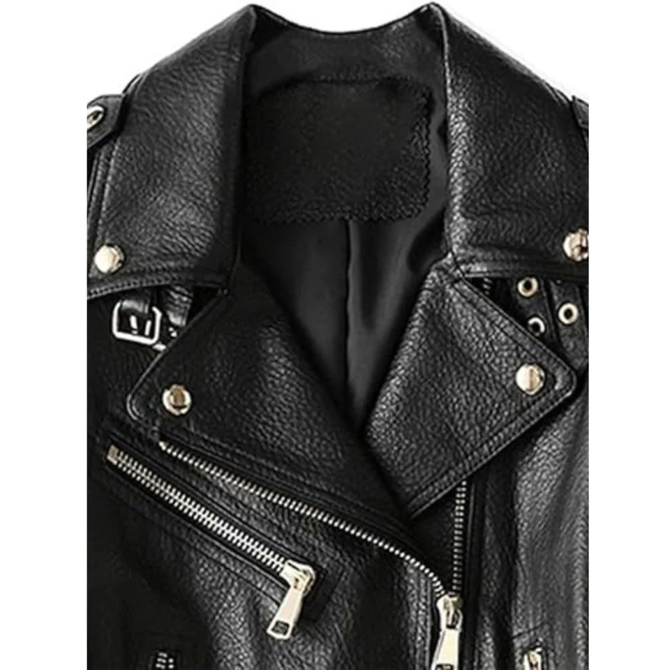 Classic Belted Black Biker Genuine Sheepskin Leather Jacket for women